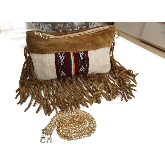 Moroccan Handira Suede Leather Fringe Clutch Bag Kilim Purse - Picture 3 of 10
